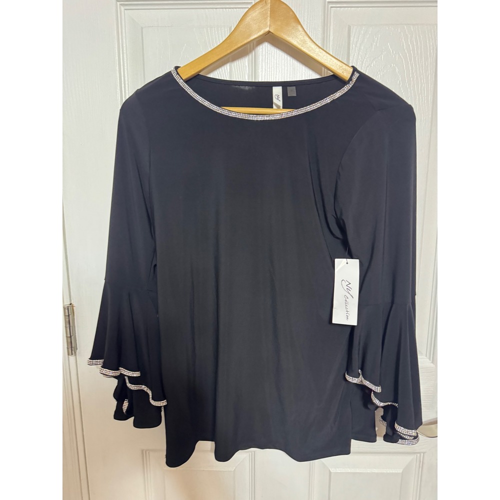 NY Collection Black Bell Sleeve Blouse Rhinestone Trim Scoop Neck Top NWT